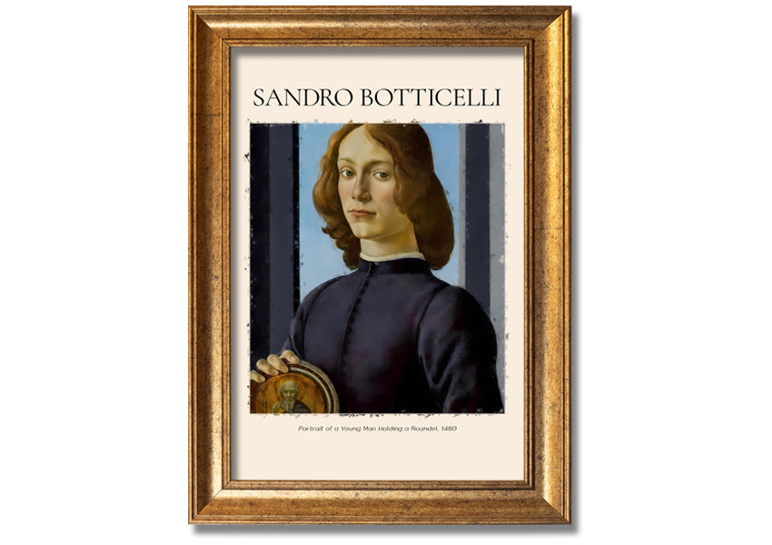 A detailed reproduction of Botticelli's Portrait Of A Young Man Holding A Roundel, showcasing vibrant colors and intricate details.